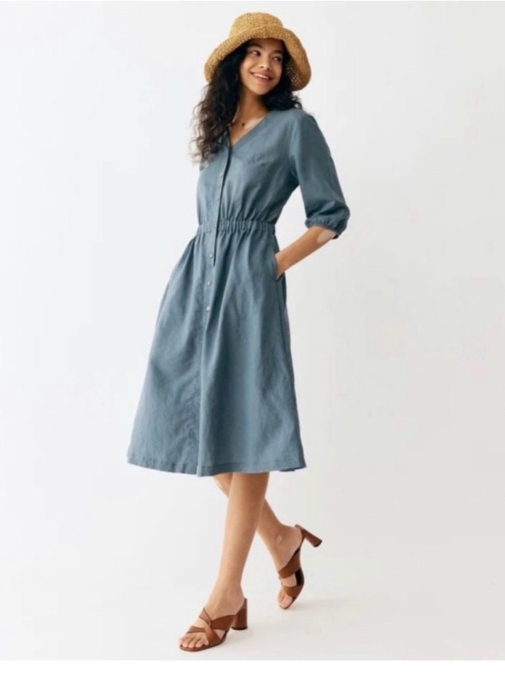 Grae Cove V- Neck Button-Front Midi Dress in Teal Green